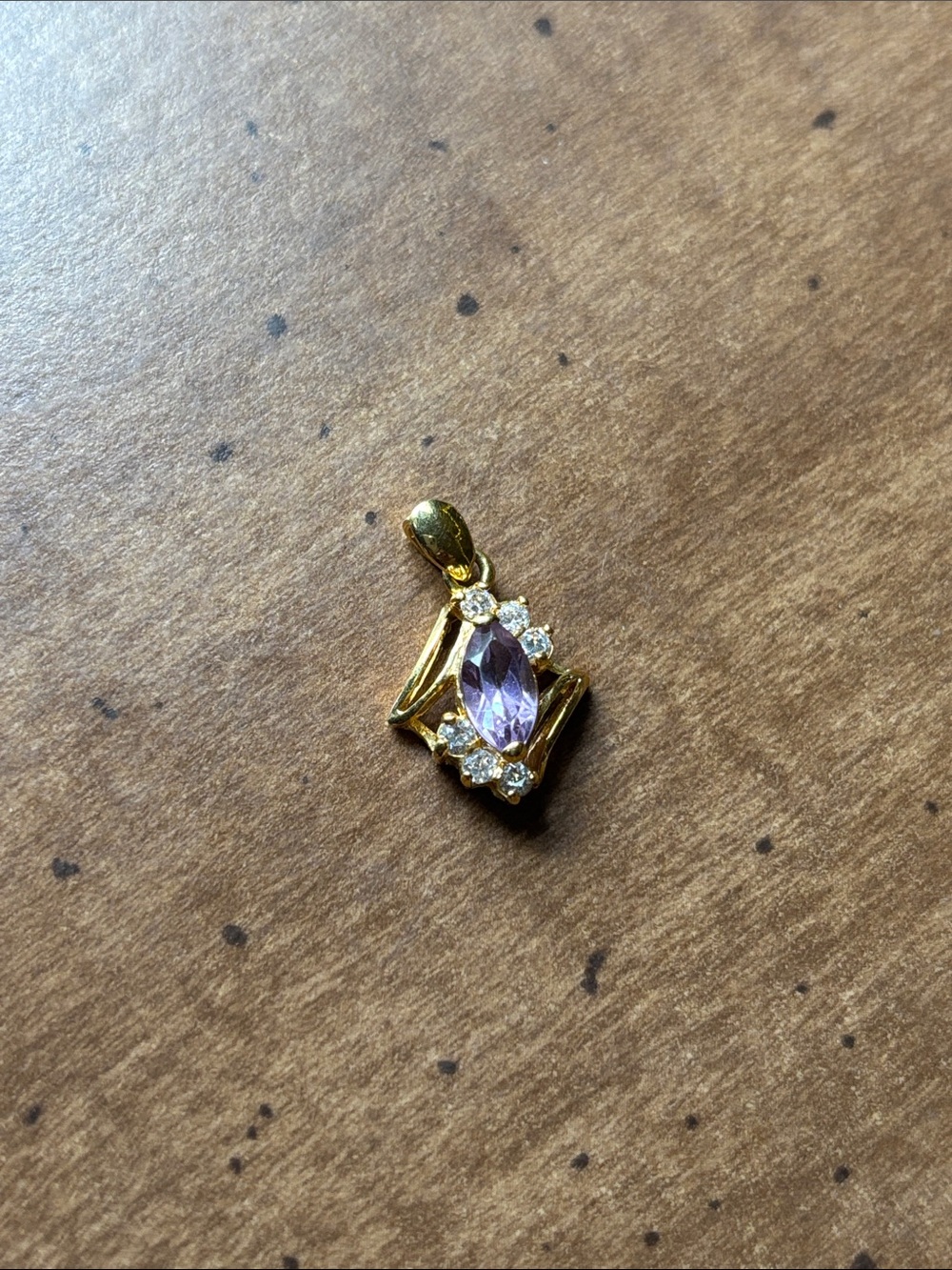 Gold Pendant Necklace with Purple Marquise Stone and Clear Accent Crystals